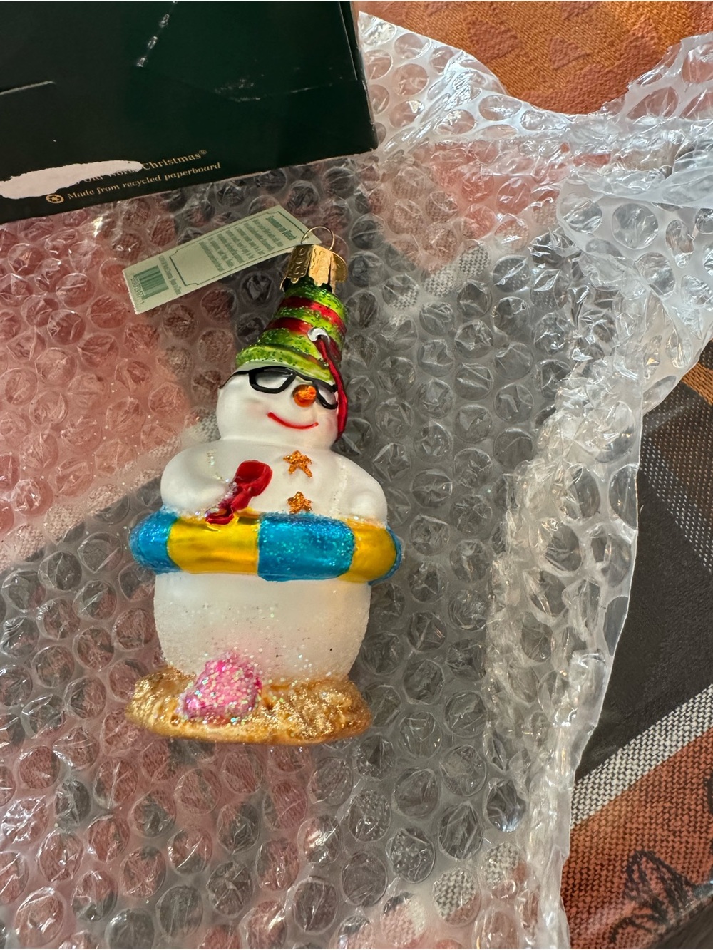 Holiday Snowman Ornament with Colorful Hat and Float -
